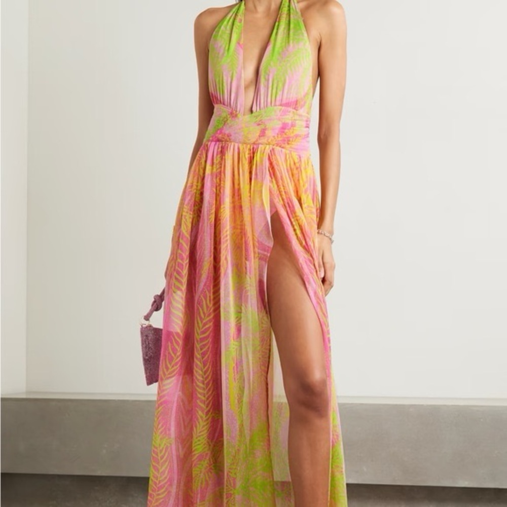 Retrofete Halter Plunge Maxi Dress in Pink & Lime